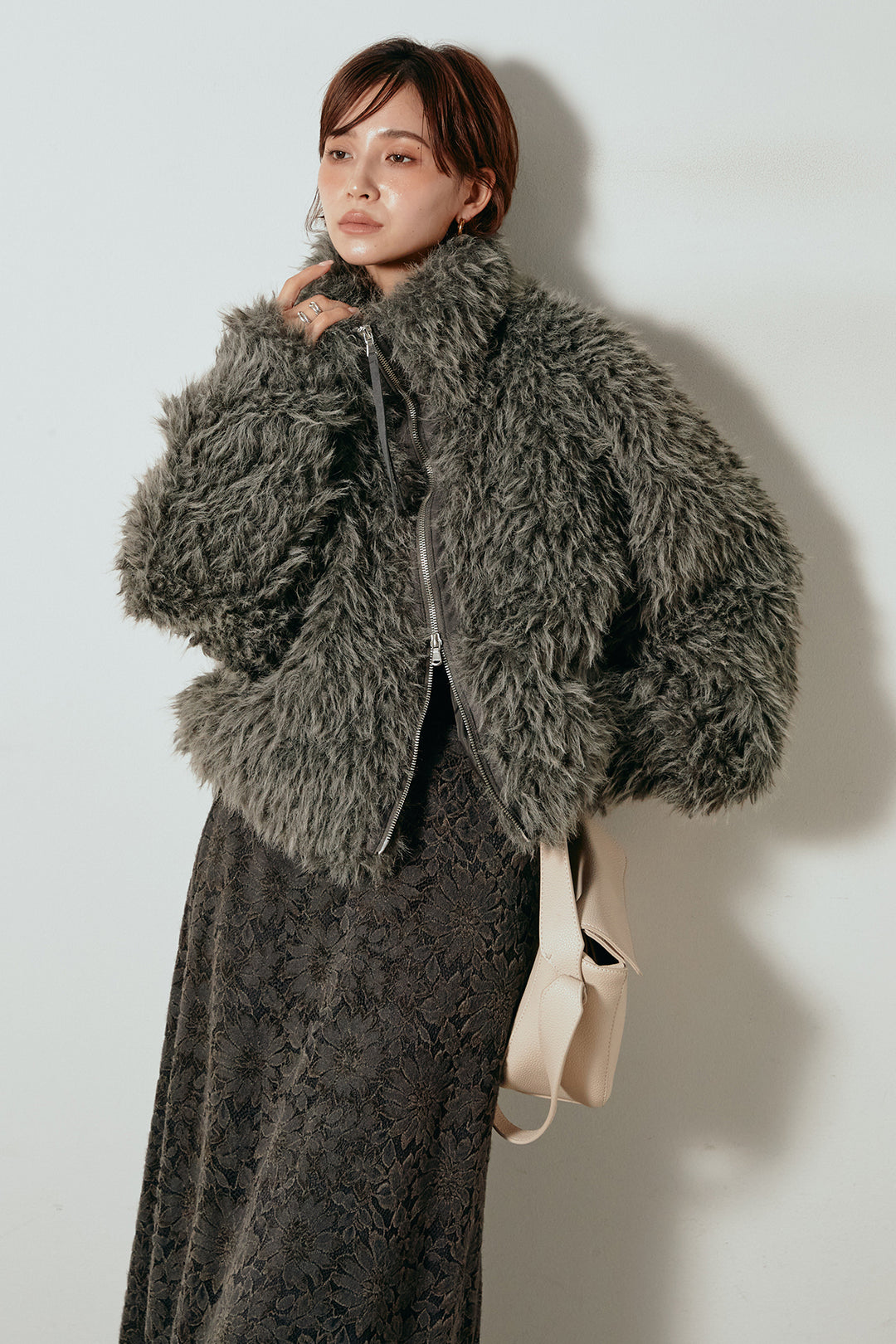 [SET]ミックスシープファースタンドブルゾン+花柄刺繍ベロアフレアスカート(2set)