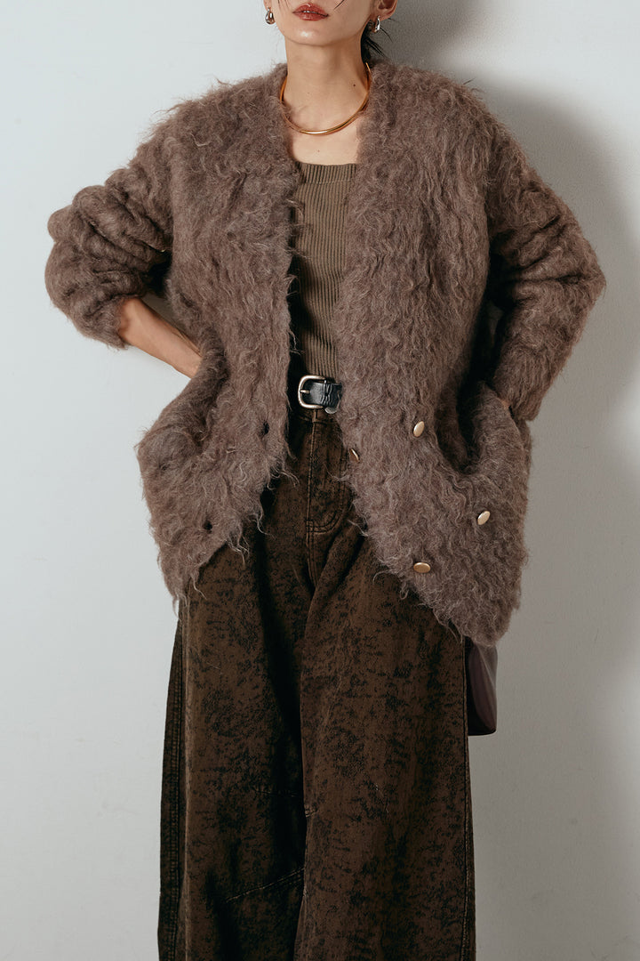 [SET]ウェーブシャギーニットジャケット+ベルト付きニュアンス柄カーブワイドパンツ(2set)