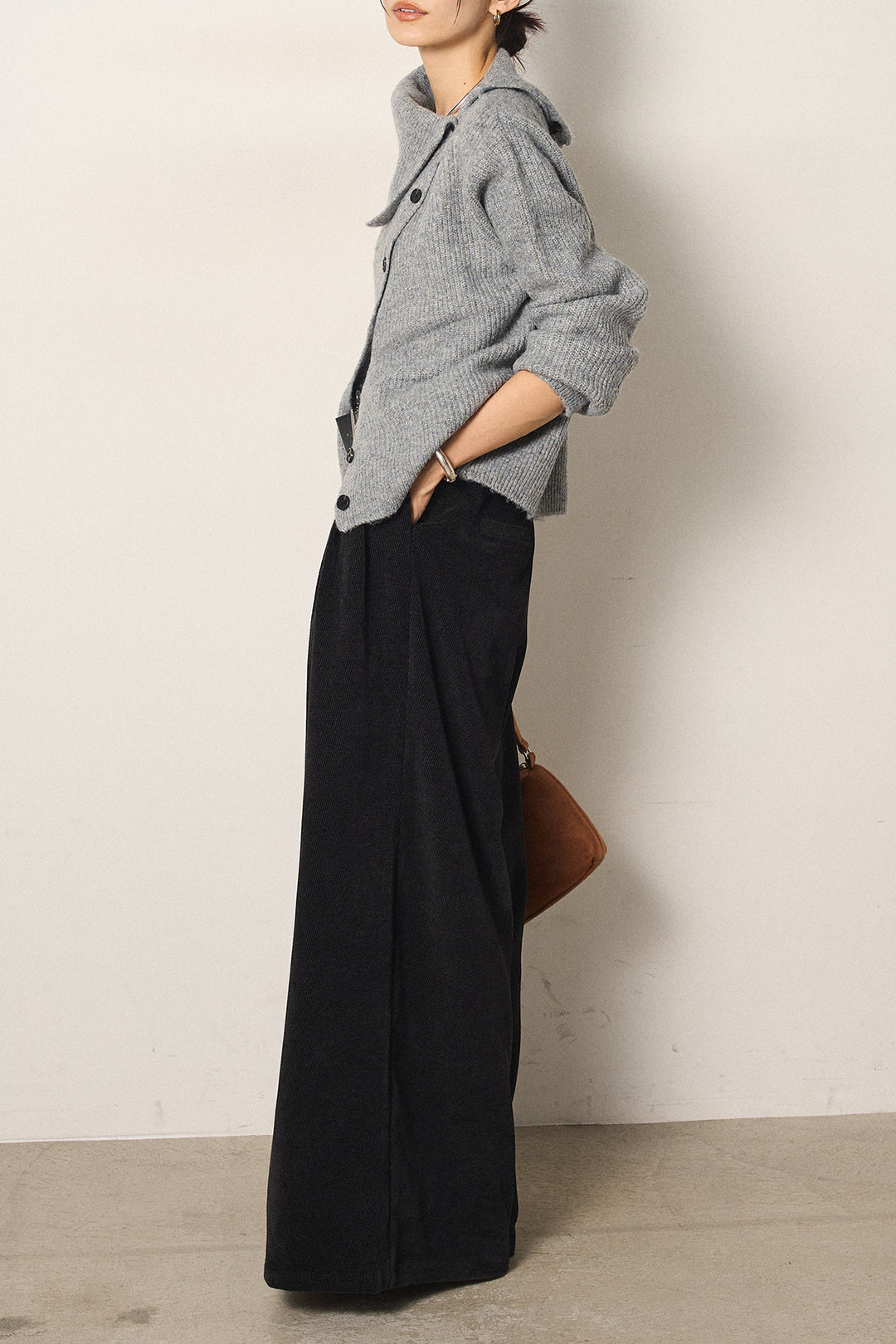 [SET]ボタンデザインネックニットプルオーバー+ベルトループコーデュロイワイドパンツ(2set)