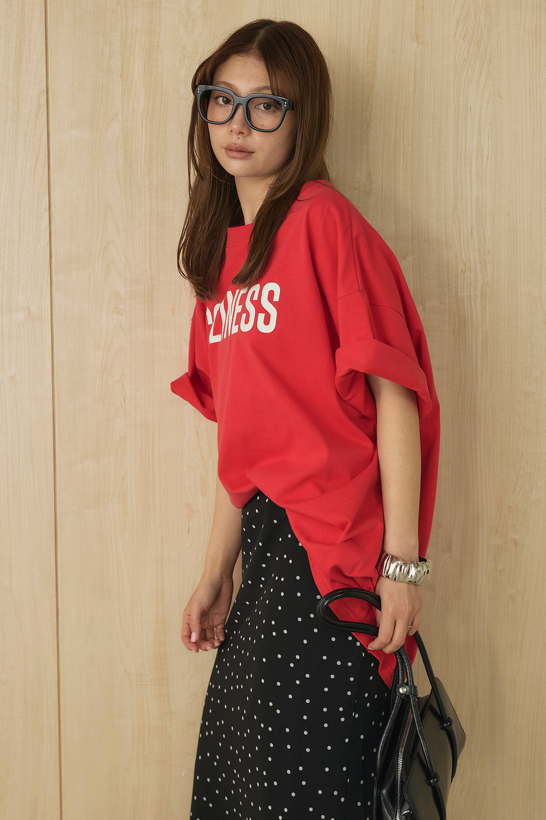 [SET]プリントロゴチュニックTシャツ+ドットサテンナロースカート(2set)