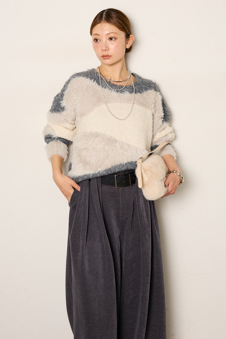 [SET]シャギーウェーブ柄クルーネックニットトップス+ベルトループコーデュロイワイドパンツ(2set)