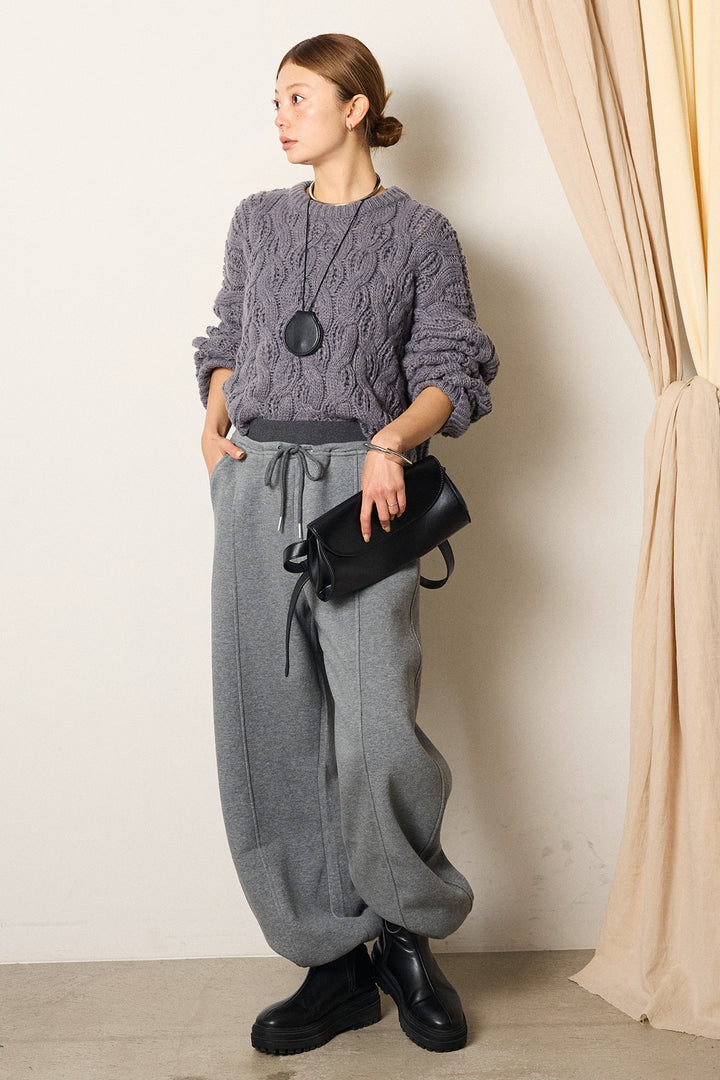 [SET]ケーブルリラックスショートニット+スウェットワイドカーブパンツ(2set)