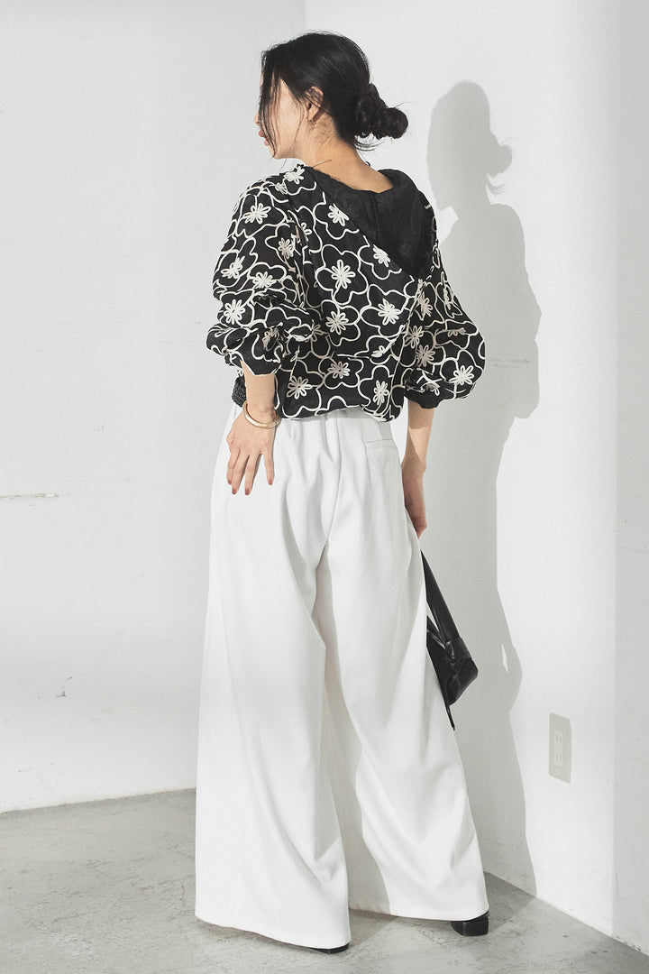 [SET]シアーフラワーフードブルゾン+編みベルト付きウエストタックワイドパンツ(2set)