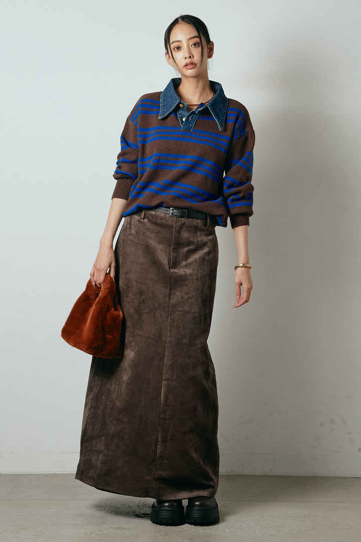 [SET]デニムレイヤード風ランダムボーダーニットプルオーバー+エコスウェードワイドスカート(2set)