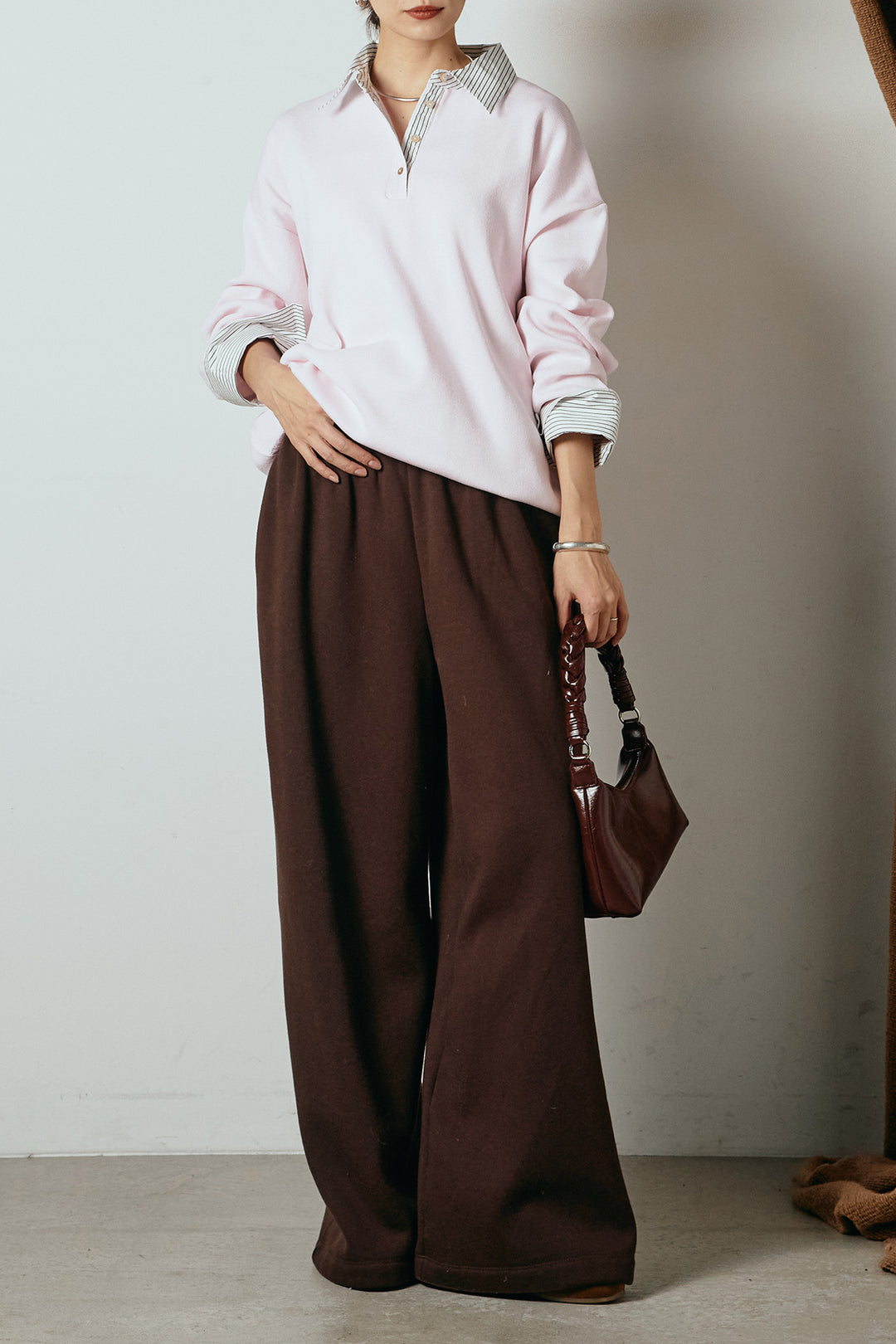 [SET]ストライプシャツドッキングポロトップス+裏起毛スウェットワイドパンツ(2set)