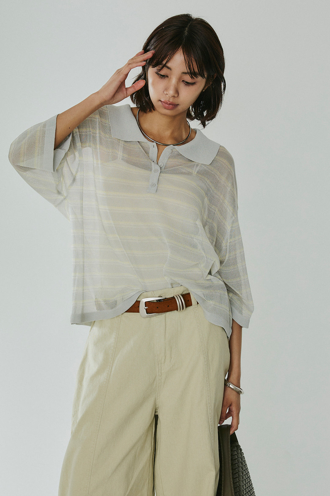 [SET]ボーダーニットポロシャツ+サイドベルトカーブワイドパンツ(2set)