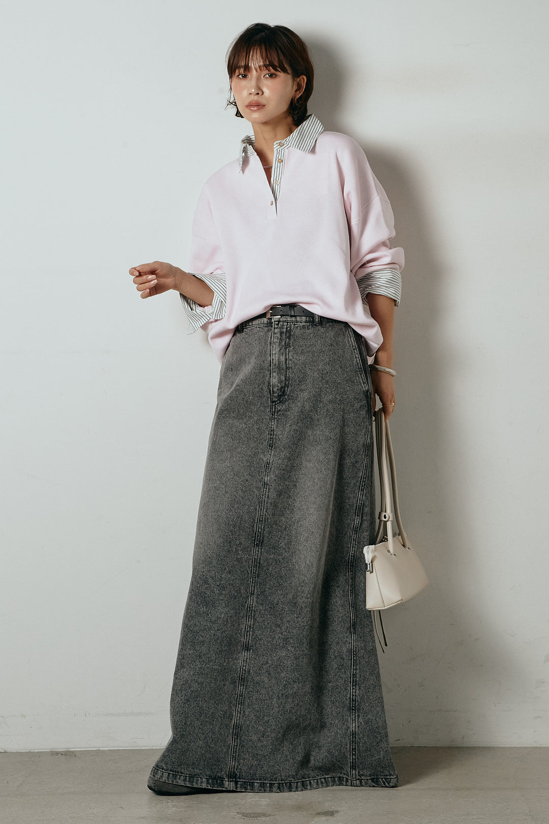 [SET]ストライプシャツドッキングポロトップス+デニムロングフレアスカート(2set)