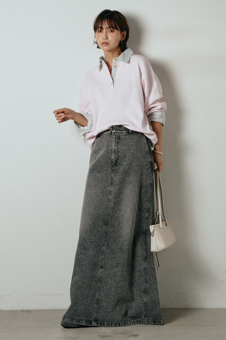 [SET]ストライプシャツドッキングポロトップス+デニムロングフレアスカート(2set)