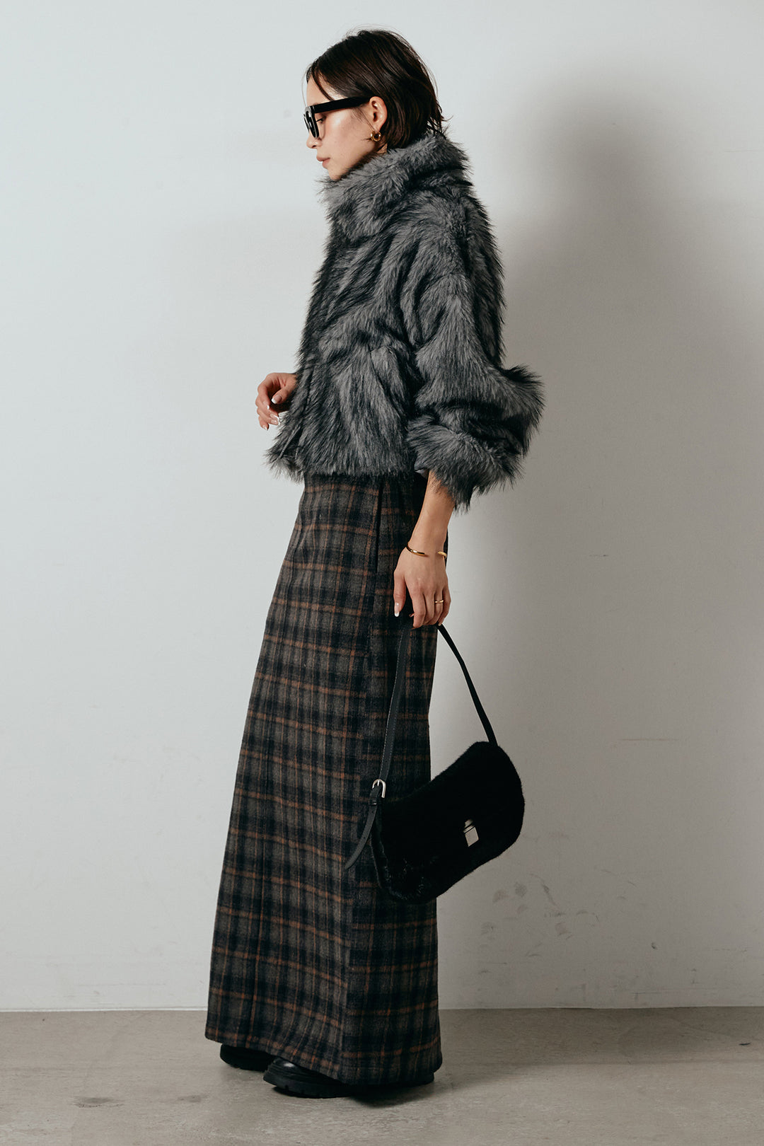 [SET]エコファーショート丈ブルゾン+シャギーチェックストレートスカート(2set)