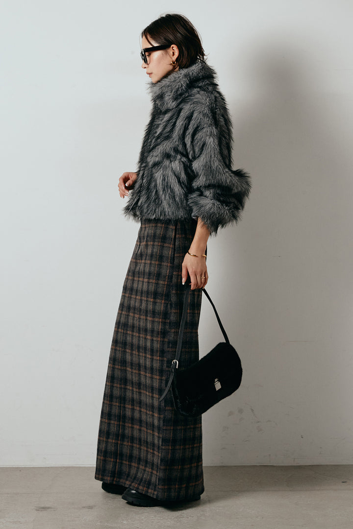 [SET]エコファーショート丈ブルゾン+シャギーチェックストレートスカート(2set)