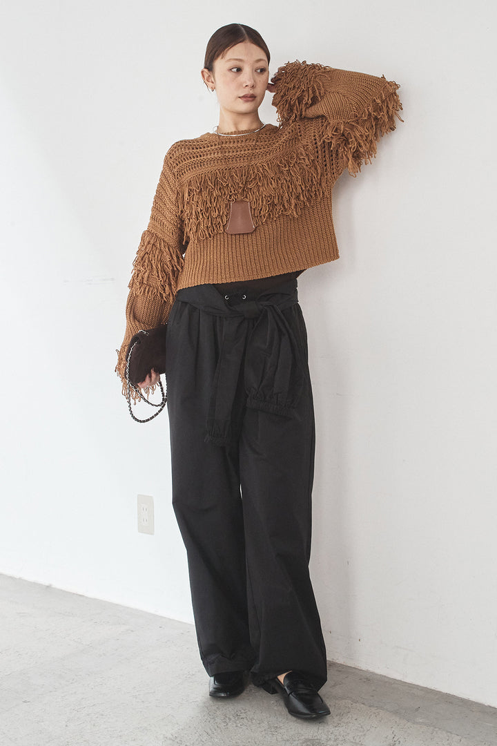 [SET]メッシュフリンジ切り替えプルオーバー+合繊ツイルスタンドウエスト巻きジョガーパンツ(2set)