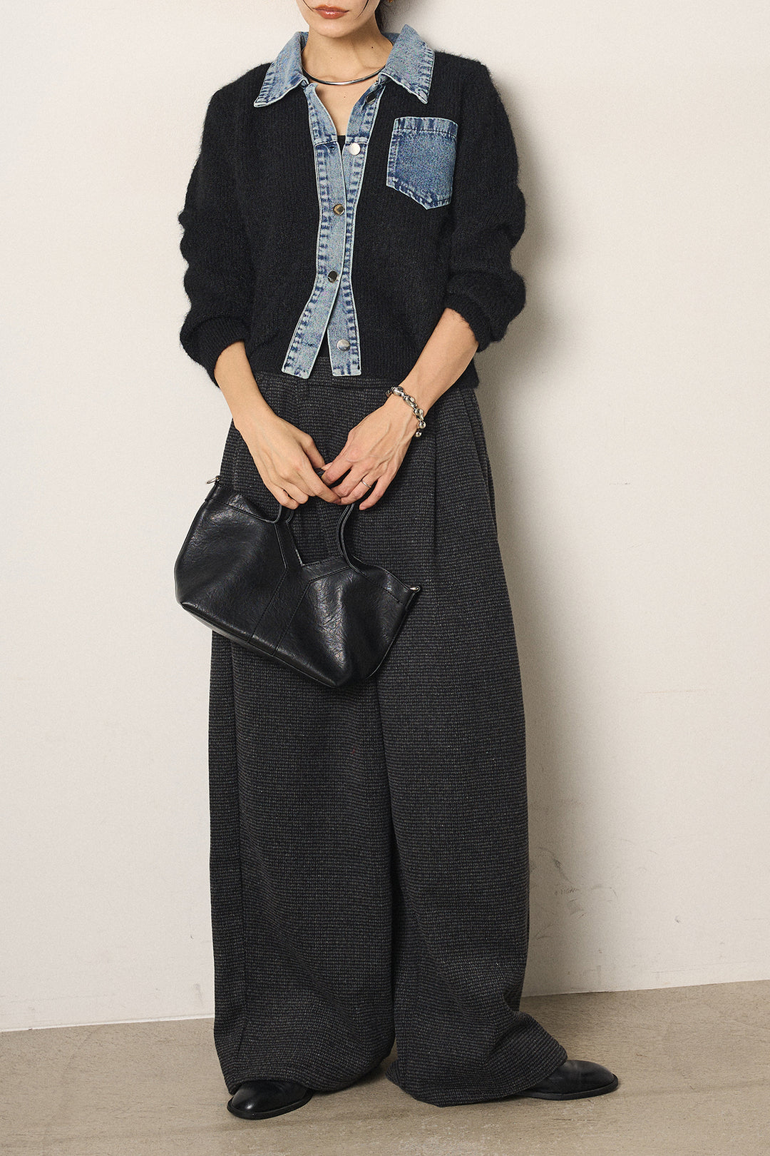 [SET]襟付きデニム切替ニットカーディガン+起毛タック入りツイードワイドパンツ(2set)