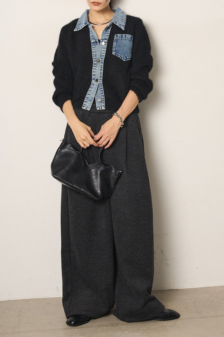 [SET]襟付きデニム切替ニットカーディガン+起毛タック入りツイードワイドパンツ(2set)