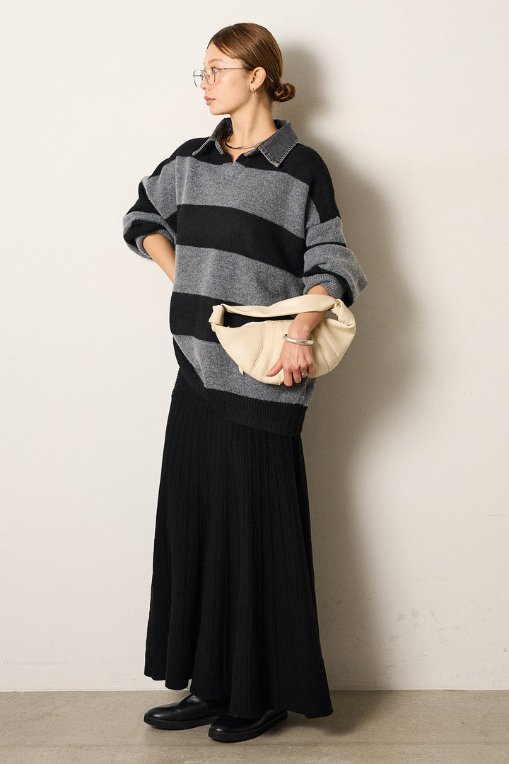 [SET]デニムカラーボーダールーズニット+編み地切り替えフレアニットスカート(2set)