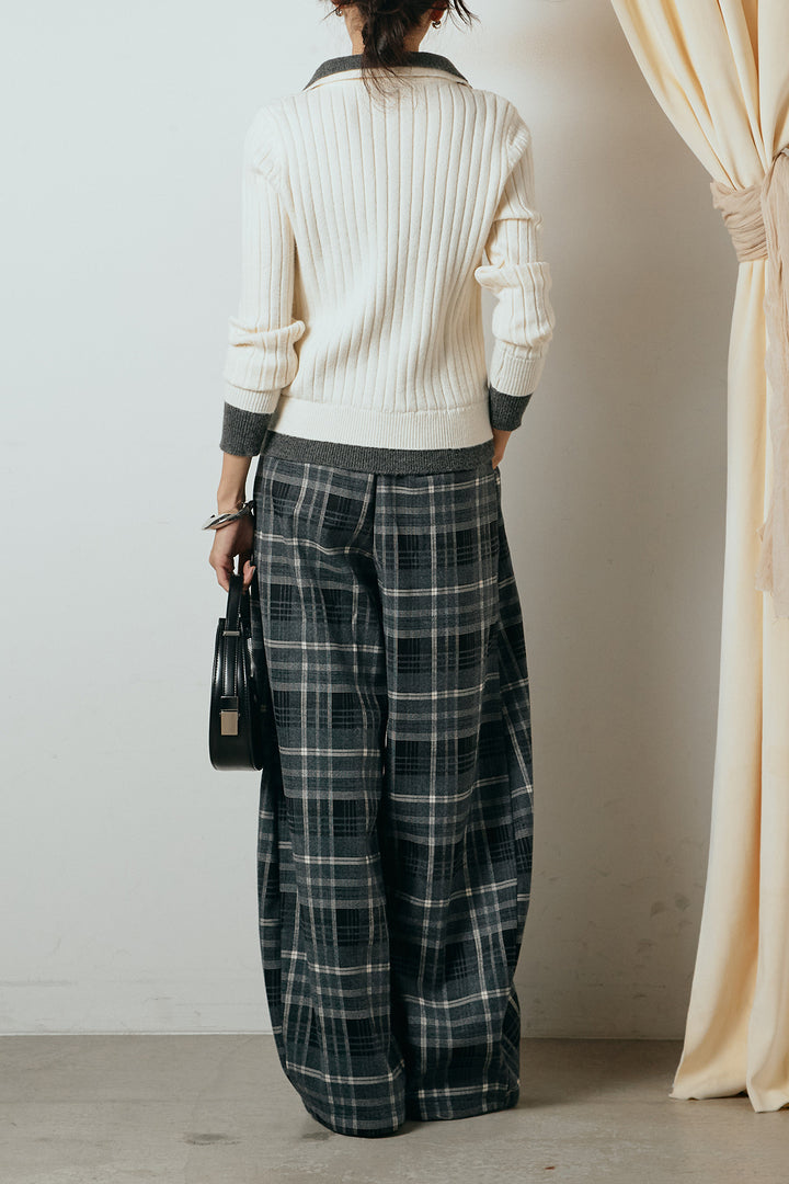 [SET]レイヤード風リブニットトップス+ベルト付きタータンチェックカーブワイドパンツ(2set)