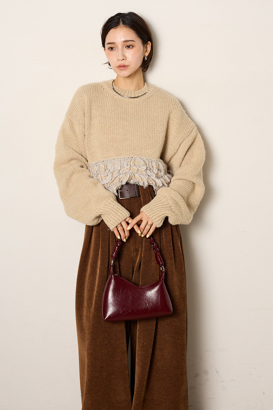 [SET]ループ編み切り替えニットプルオーバー+ベルトループコーデュロイワイドパンツ(2set)