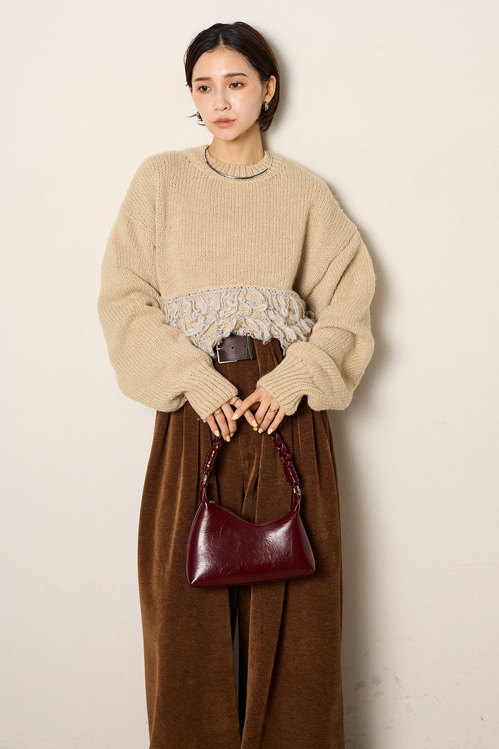 [SET]ループ編み切り替えニットプルオーバー+ベルトループコーデュロイワイドパンツ(2set)