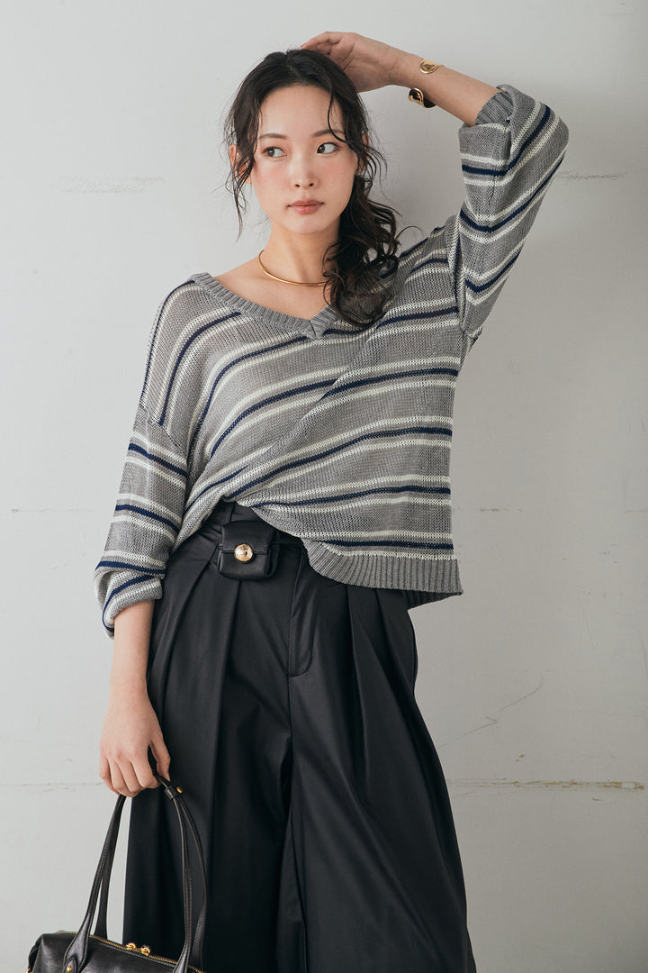 [SET]綿タッチVネックボーダートップス+ウォッシャブルエコレザータックパンツ(2set)