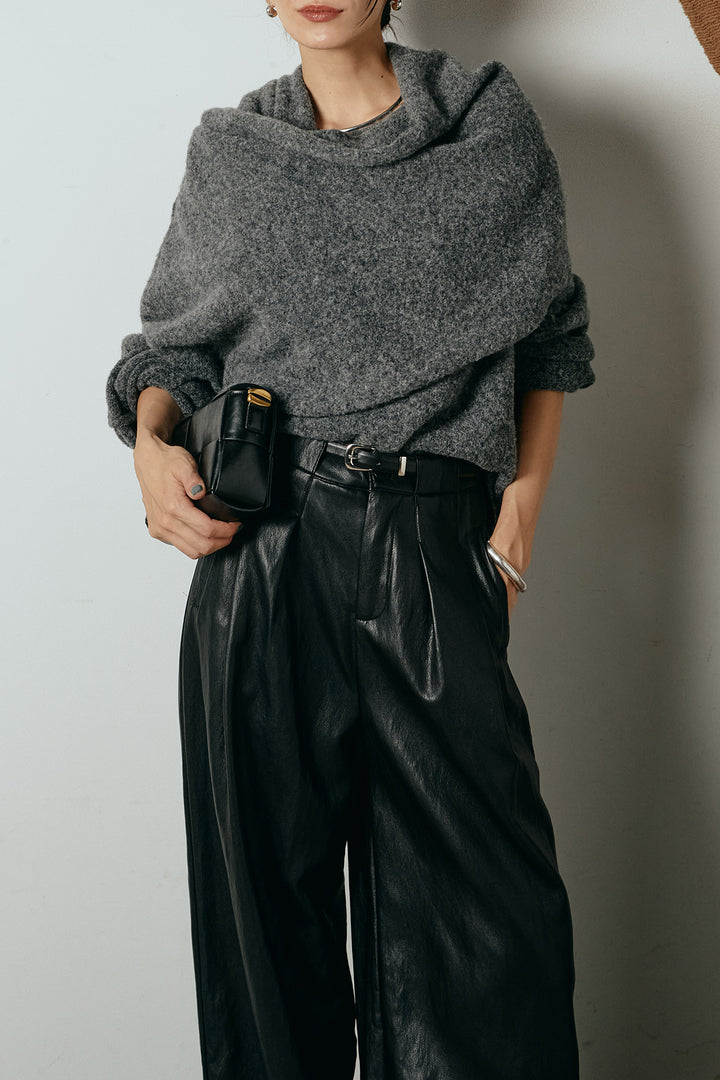 [SET]ネック巻きデザインニットトップス+ベルト付きレザーライクタックパンツ(2set)