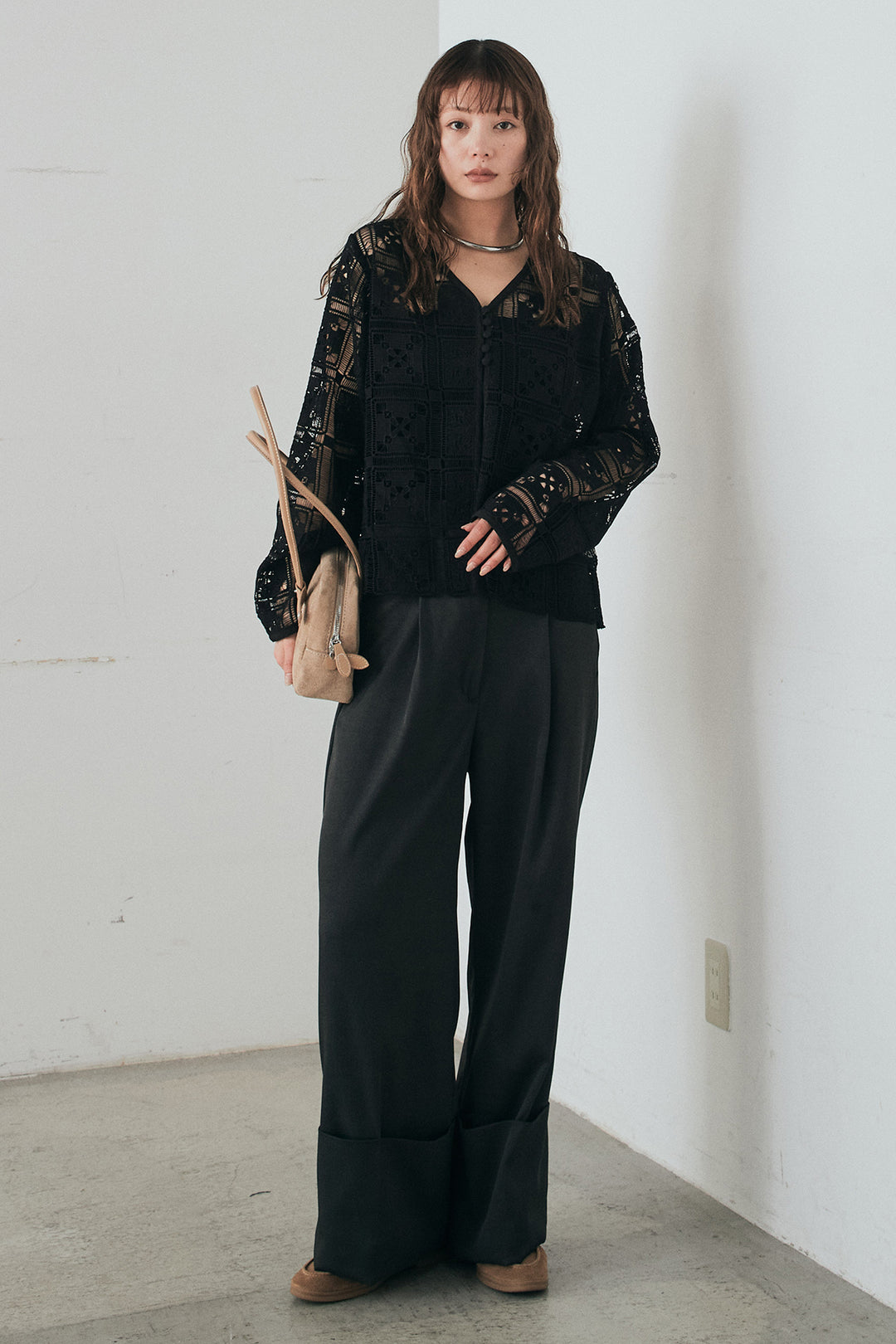 [SET]クロシェレースカーディガン+センタープレスセミワイドパンツ(2set)