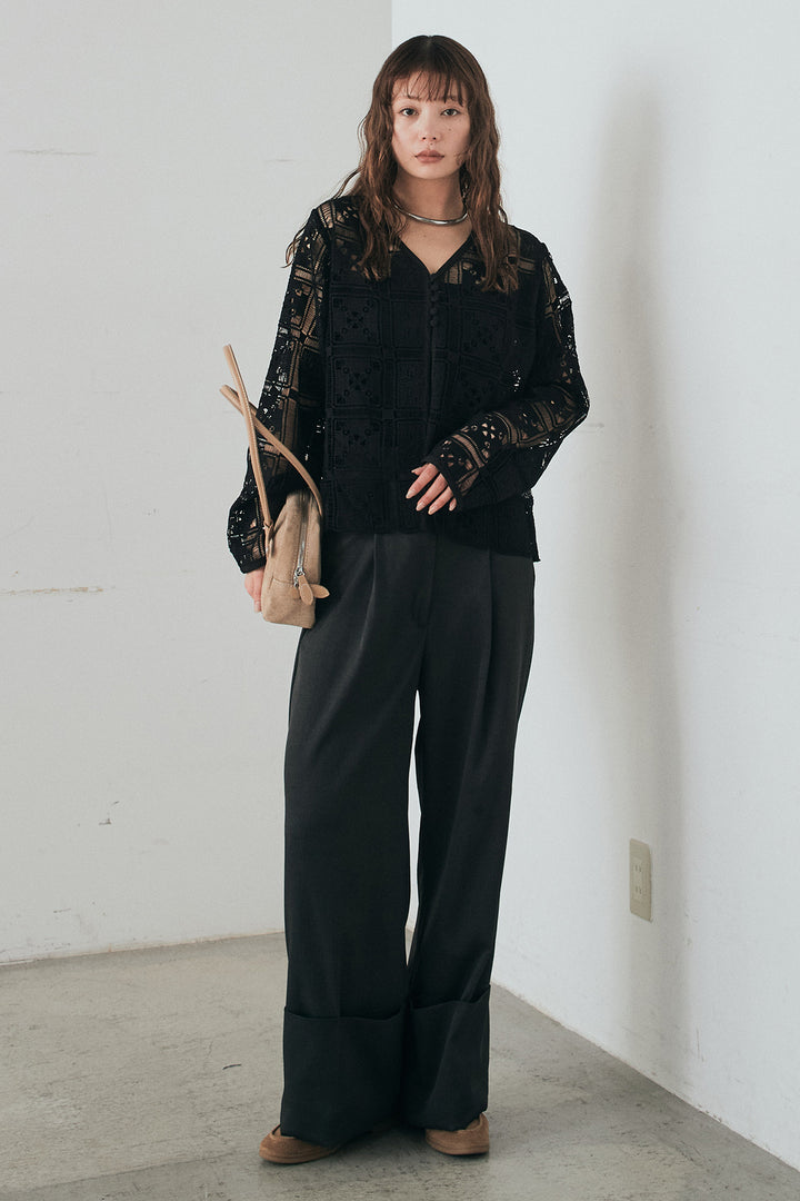 [SET]クロシェレースカーディガン+センタープレスセミワイドパンツ(2set)