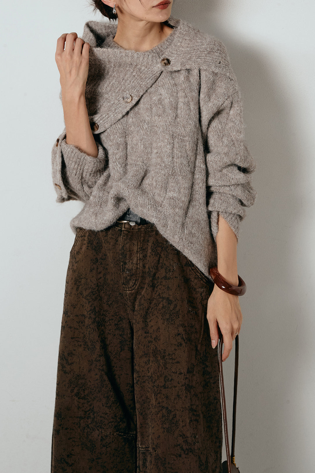 [SET]ケープデザインケーブルニットトップス+ベルト付きニュアンス柄カーブワイドパンツ(2set)