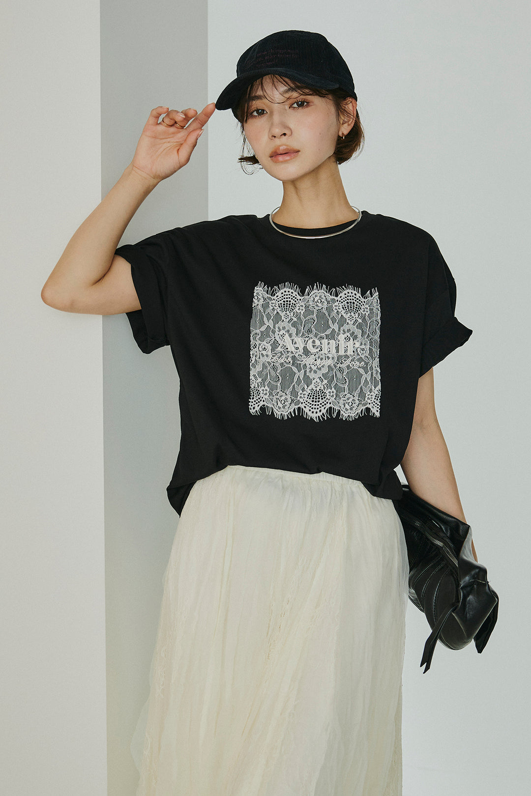 [SET]レースロゴ刺繍Tシャツ+レースコンビワッシャーギャザースカート(2set)