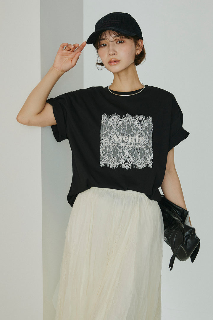 [SET]レースロゴ刺繍Tシャツ+レースコンビワッシャーギャザースカート(2set)