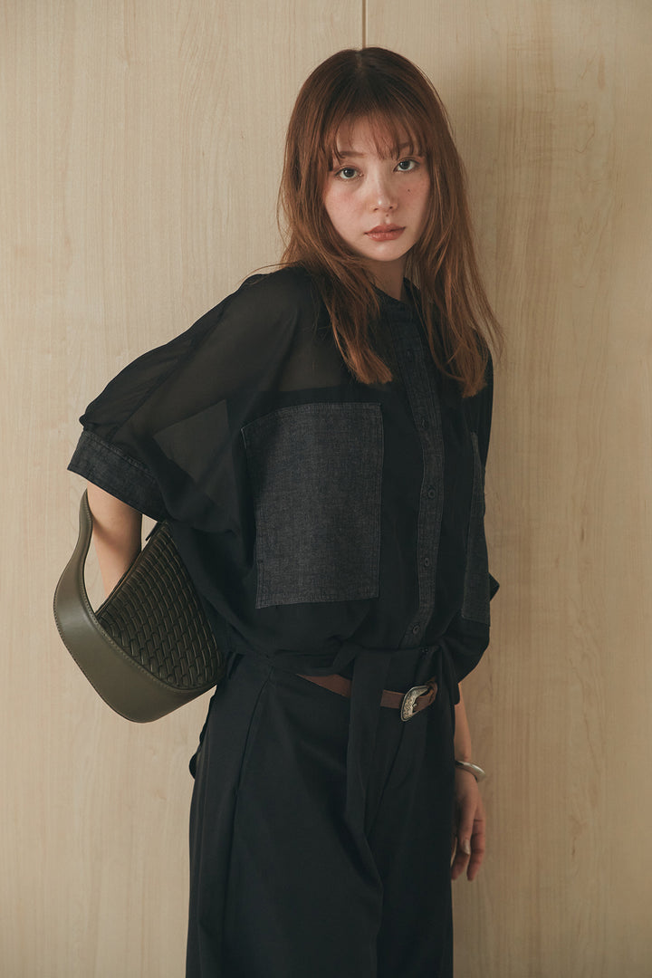 [SET]デニムライクビッグツーポケシアーシャツ+ベルトループデザインハイウエストタックパンツ(2set)