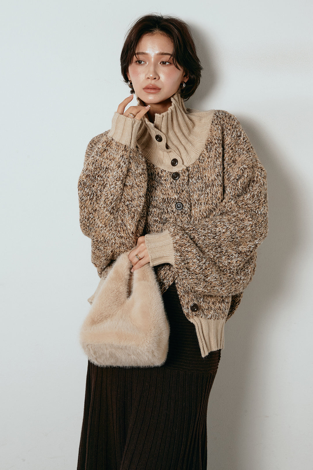 [SET]ハイネックミックスニットカーディガン+編み地切り替えフレアニットスカート(2set)