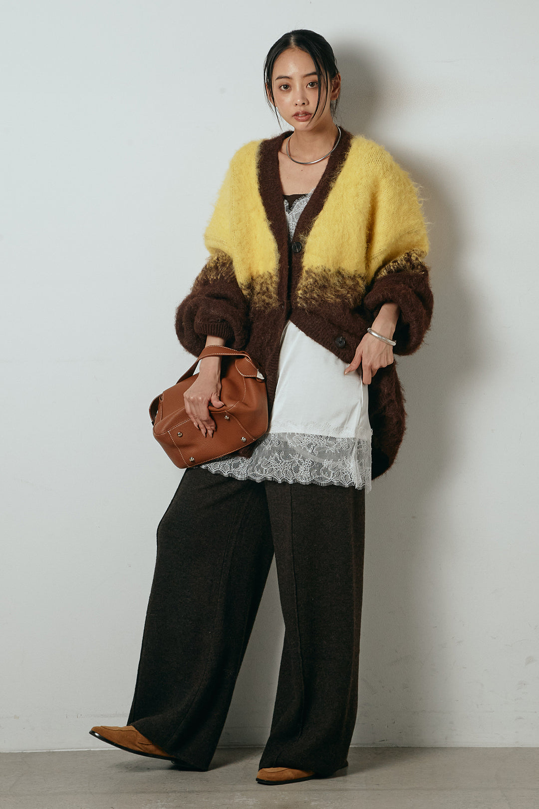 [SET]起毛グラデーションニットカーディガン+レース切り替えキャミソール(2set)