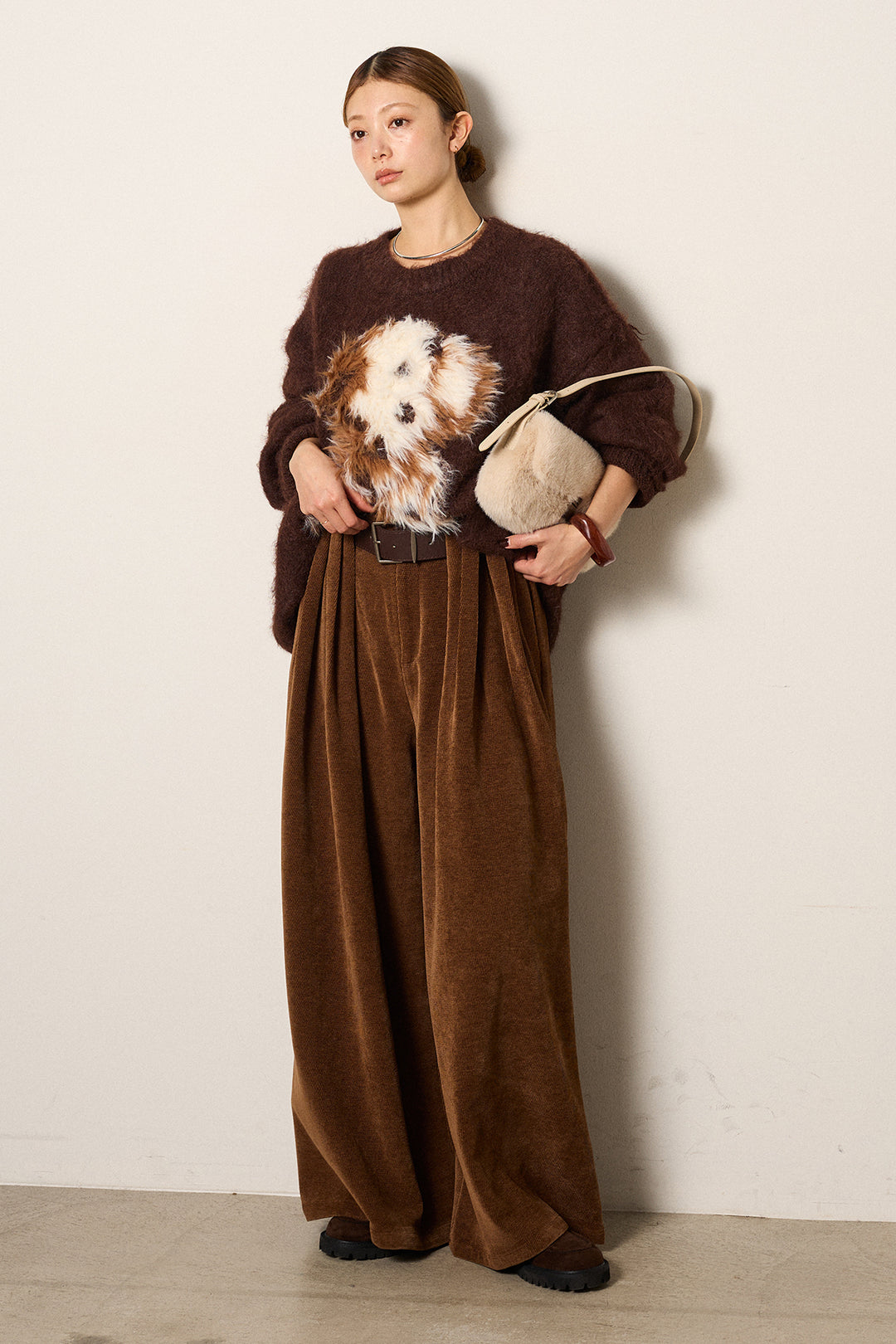 [SET]シャギーニュアンスアニマルニット+ベルトループコーデュロイワイドパンツ(2set)