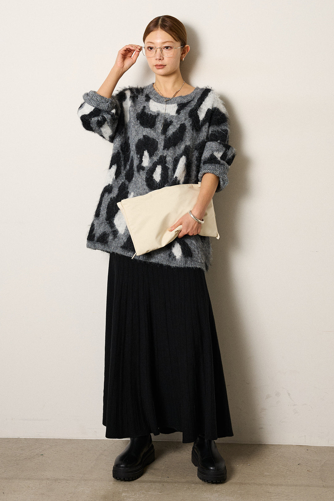[SET]ルーズアニマルモヘアニットトップス+編み地切り替えフレアニットスカート(2set)