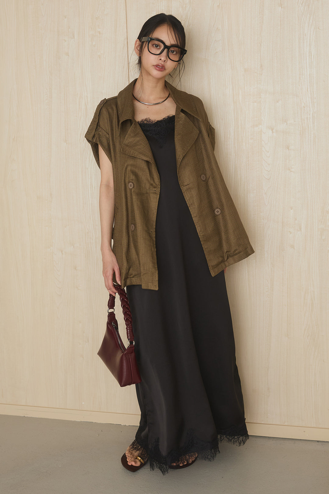 [SET]麻混テーラードジレ+サテンレースキャミワンピース(2set)