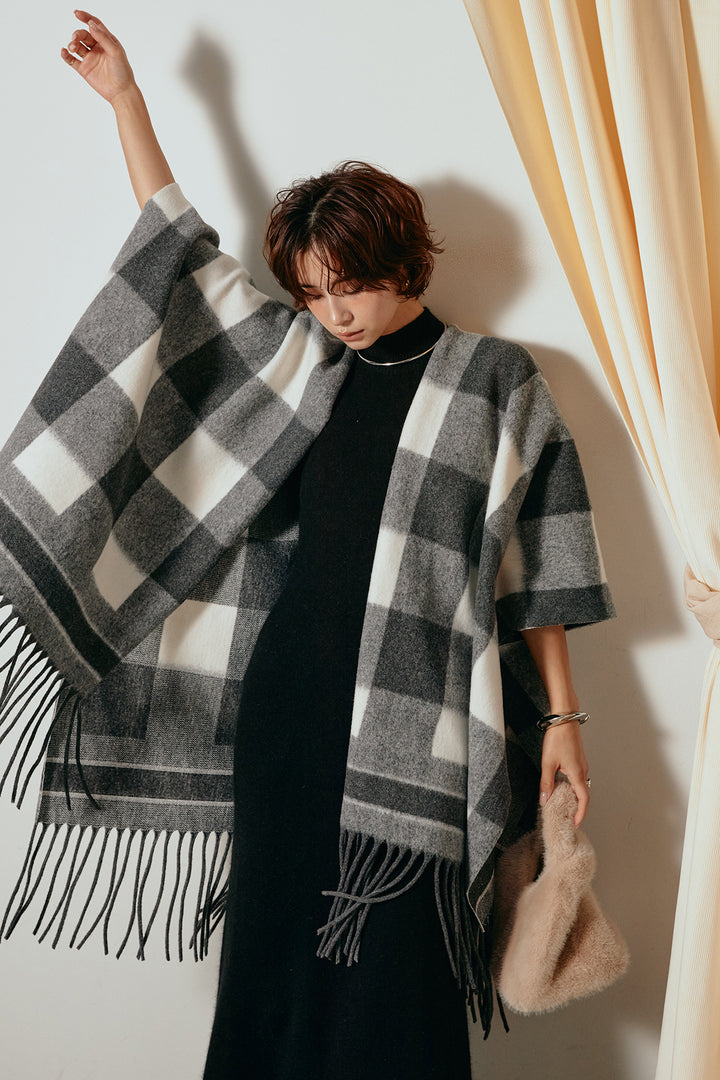 [SET]裾フリンジ柄ポンチョアウター+ノースリーブニットロングワンピース(2set)