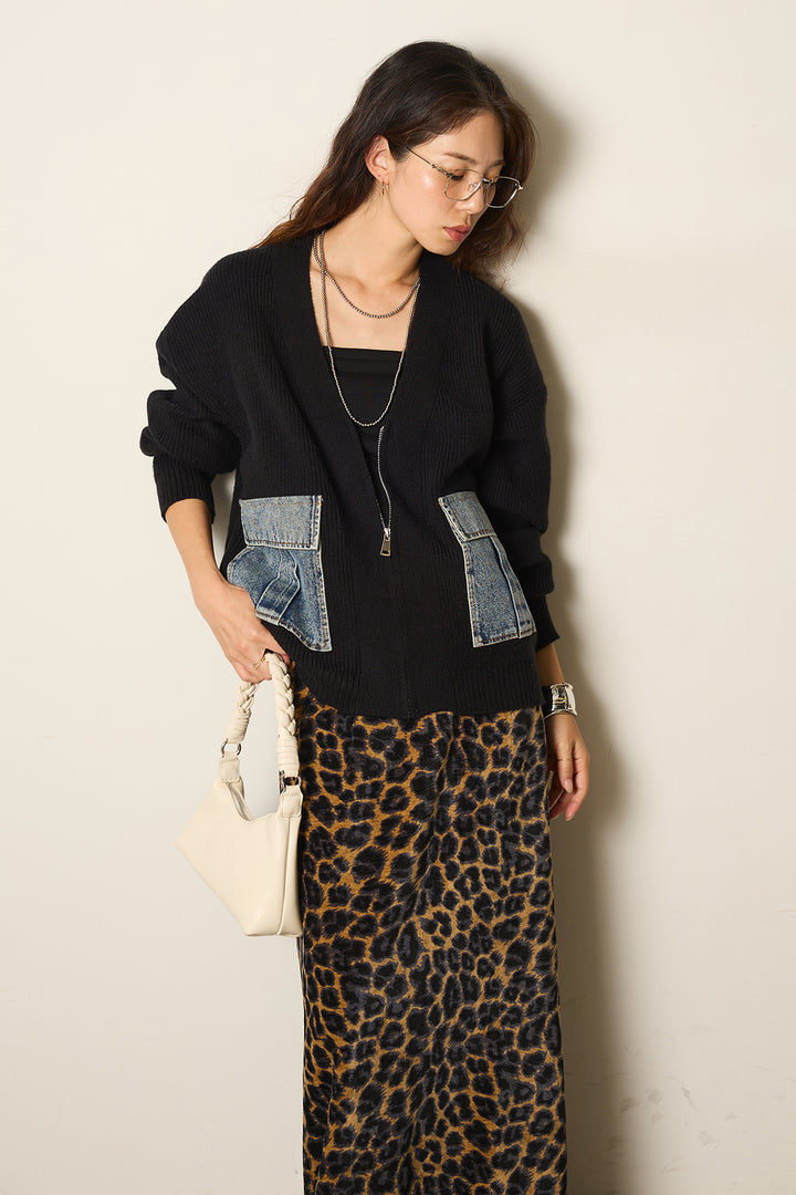 【即納】デニムポケットジップニットカーディガン