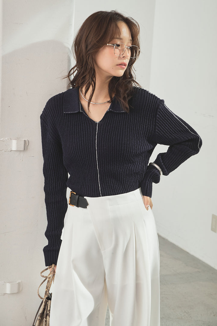 [SET]衿付きニットプルオーバー+サイドベルトタック入りスラックス(2set)