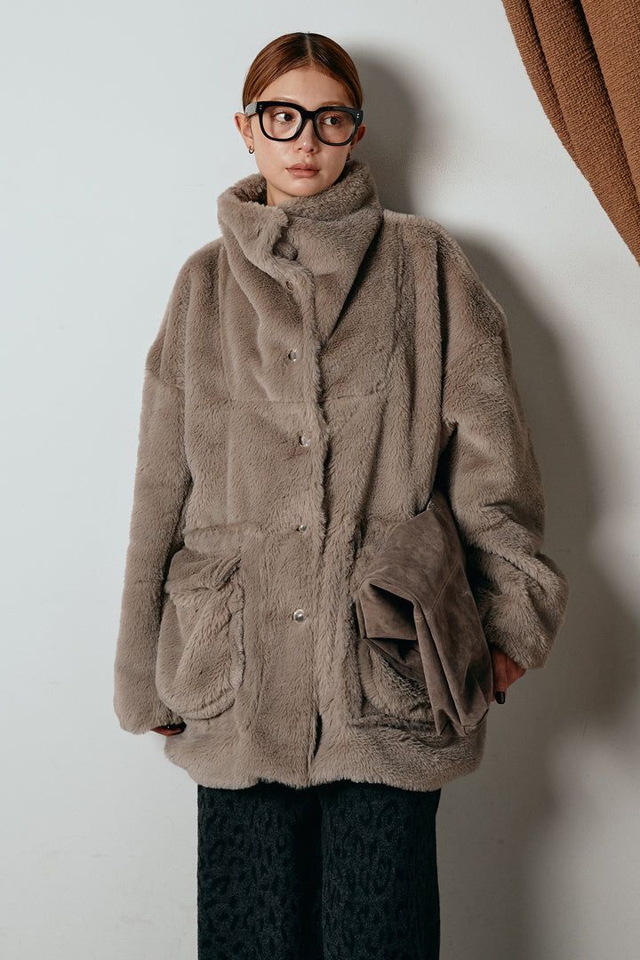 [SET]スタンドネックファーコート+レオパードジャガードニットパンツ(2set)