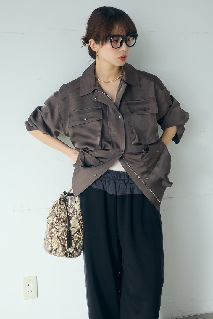 [SET]サテンライトブルゾン+異素材切り替えスウェットパンツ(2set)