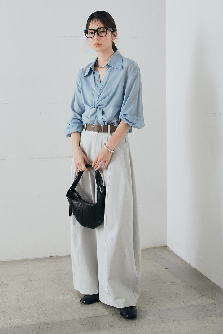 [SET]裾巻きツイストデザインシャツ+ベルト付きサイドタックワイドパンツ(2set)