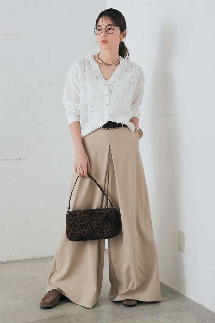 [SET]モコレースVネックカーディガン+太ベルト付きフロントタックパンツ(2set)