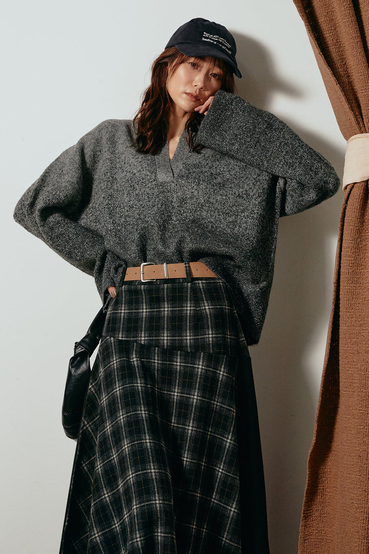 [SET]グラデーションラメニットキーネックプルオーバー+フェイクレザーベルト付き切り替えタータンチェックスカート(2set)
