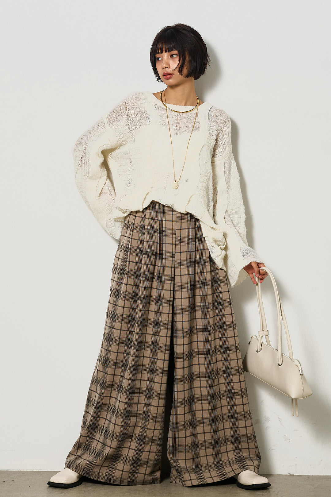 [SET]パターンモヘアローゲージニットプルオーバー+タータンワイドチェックパンツ(2set)