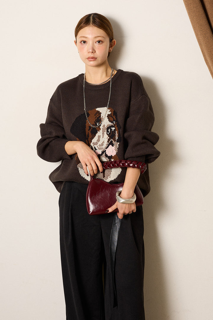 [SET]アニマルジャガード柄ニットトップス+巻ベルトウエストレザーライクワイドパンツ(2set)