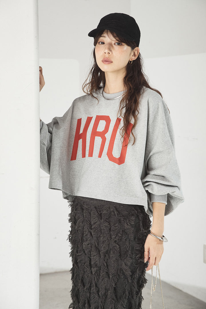 [SET]ビッグロゴHRU袖ボリュームトップス+カットフリンジニットタイトスカート(2set)