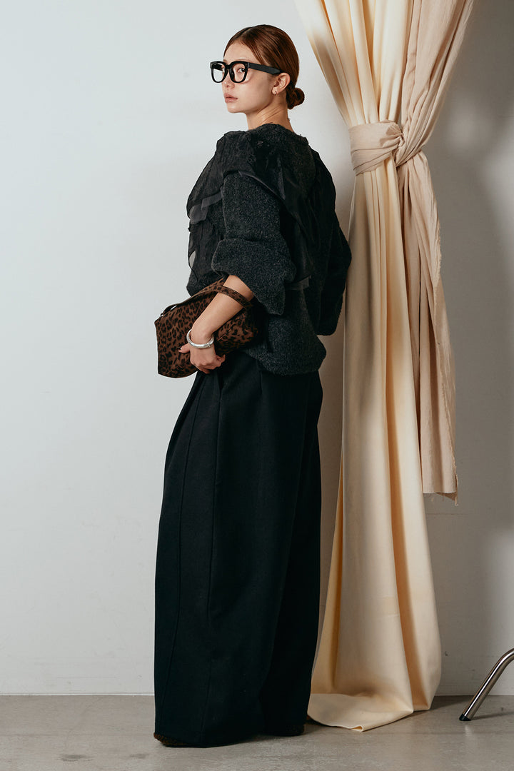 [SET]アシンメトリーフリルニットトップス+ポーチベルト付きカーブパンツ(2set)