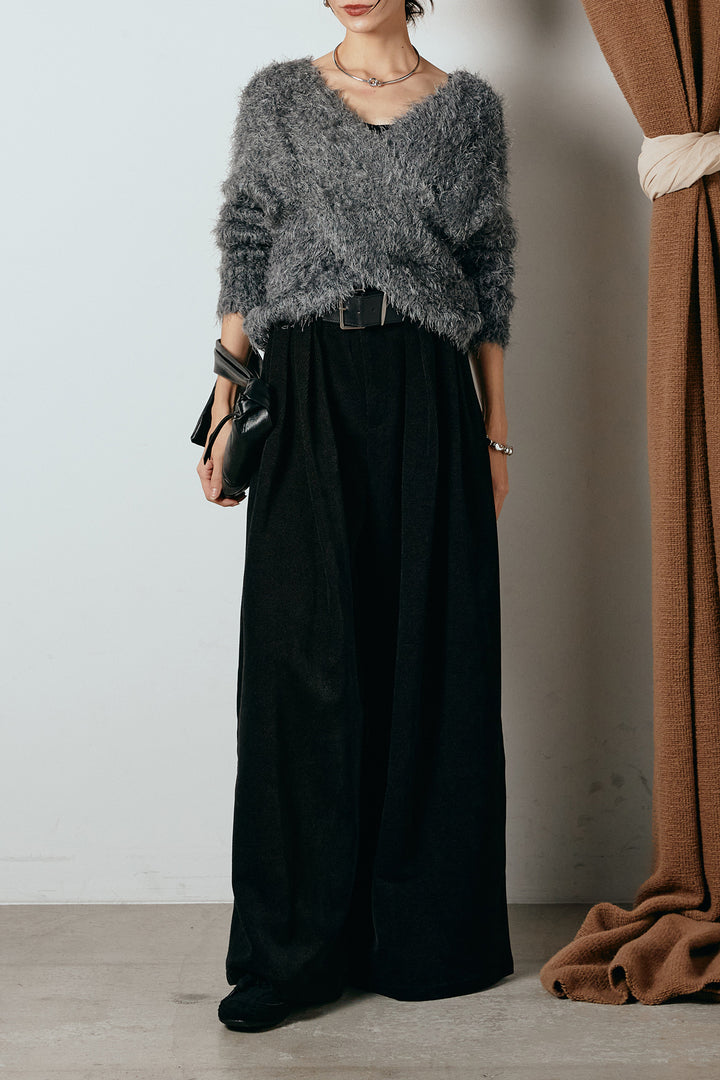 [SET]シャギークロスニットトップス+ベルトループコーデュロイワイドパンツ(2set)