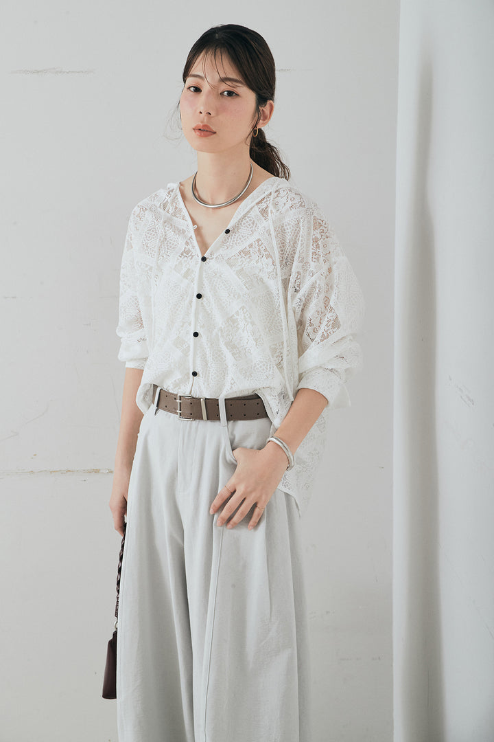 [SET]ブロックレースフード付きブラウス+ベルト付きサイドタックワイドパンツ(2set)
