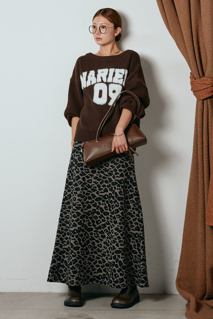 [SET]ロゴジャガードニットトップス+レオパードロングスカート(2set)