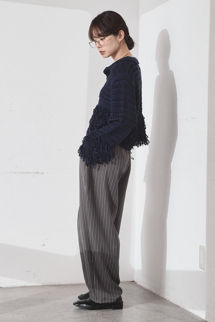 [SET]メッシュフリンジカーディガン+ヘリンボーンストライプツータックパンツ(2set)
